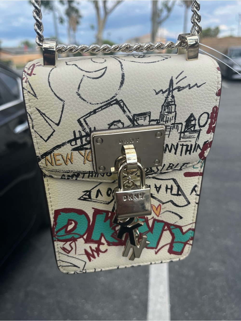DKNY Cream Graffiti-Print Mini Crossbody with Silver Hardware
